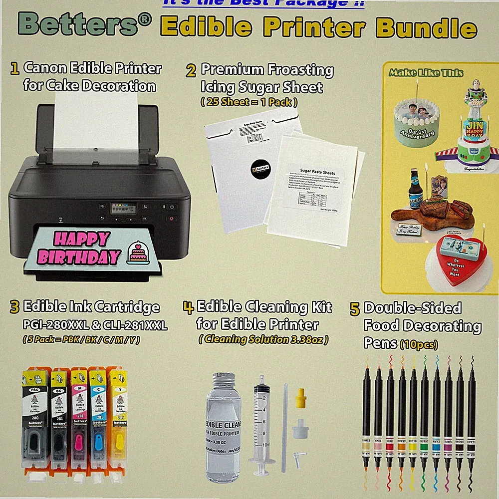 Edible Printer bundle- edible Ink & 25 Froasting sheets & Clean Kits & Food Pens