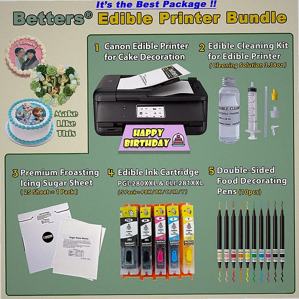 Edible Printer bundle- edible Ink & 25 Frosting Sheets & 10 food Pens &Clean Kit